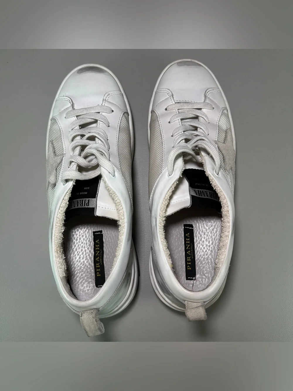 PIRANHA Made In Italy Distressed White Leather Suede Star Sneakers